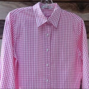 Foxcroft pink & white check blouse, wrinkle free ,cute cuff detail, darted fit